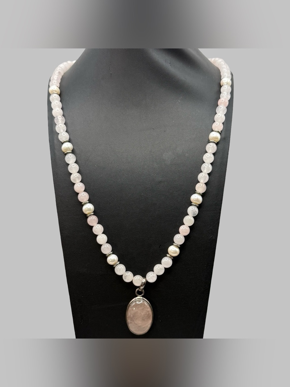 Rose Quartz & Pearl Beaded Statement Necklace 24" & 1" Pendant